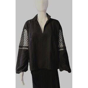 Tuckernuck Jane Black Eyelet Crochet Lace Long Sleeve Blouse Top Romantic SZ M